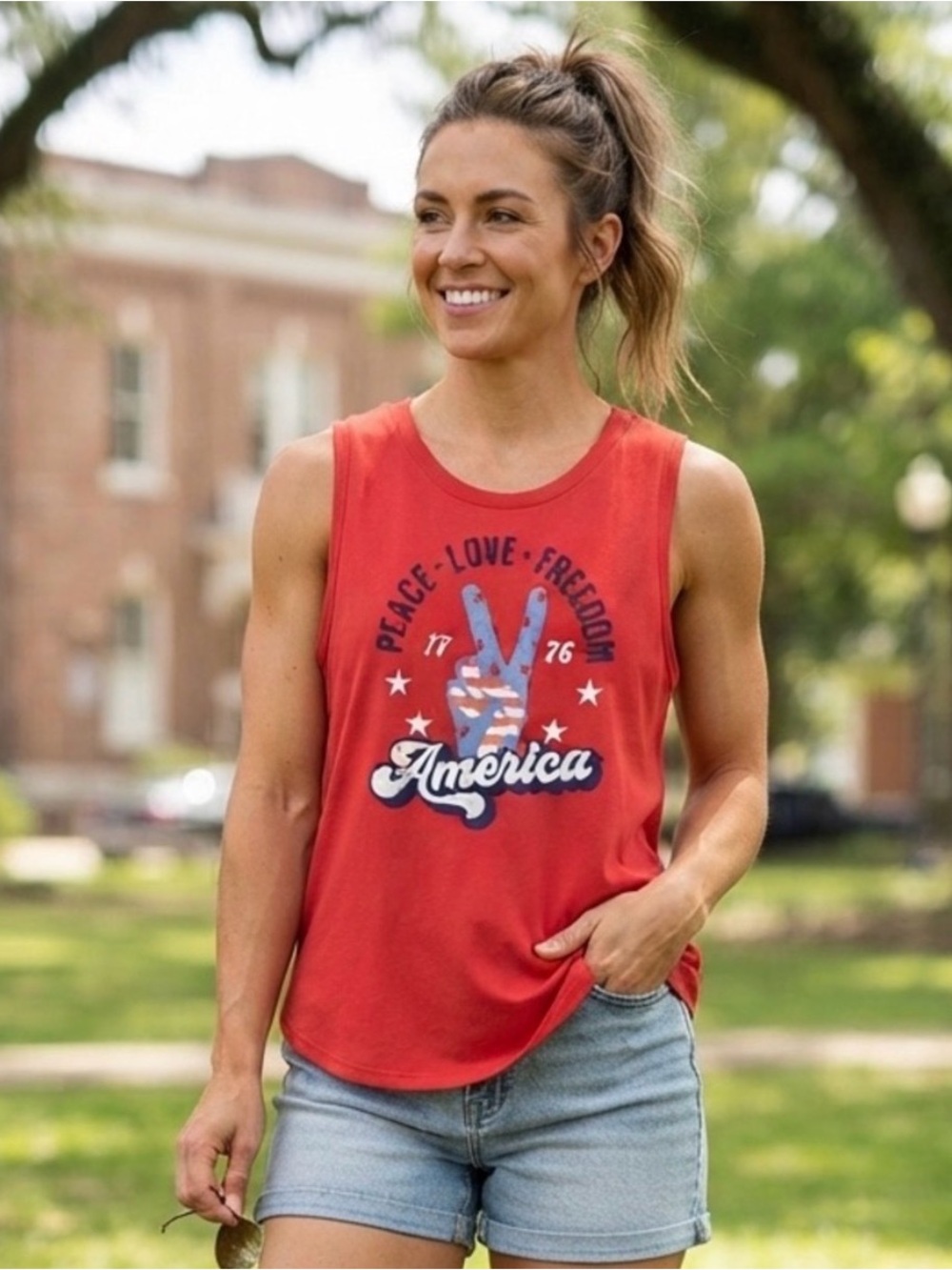 PositiveTees Women’s Patriotic Graphic Tank Top XL Red America SUMMER SALE!